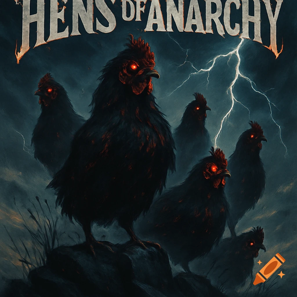 A dark fantasy band poster featuring several menacing black hens with glowing red eyes under a stormy sky with lightning, titled 'HENS OF ANARCHY'.
