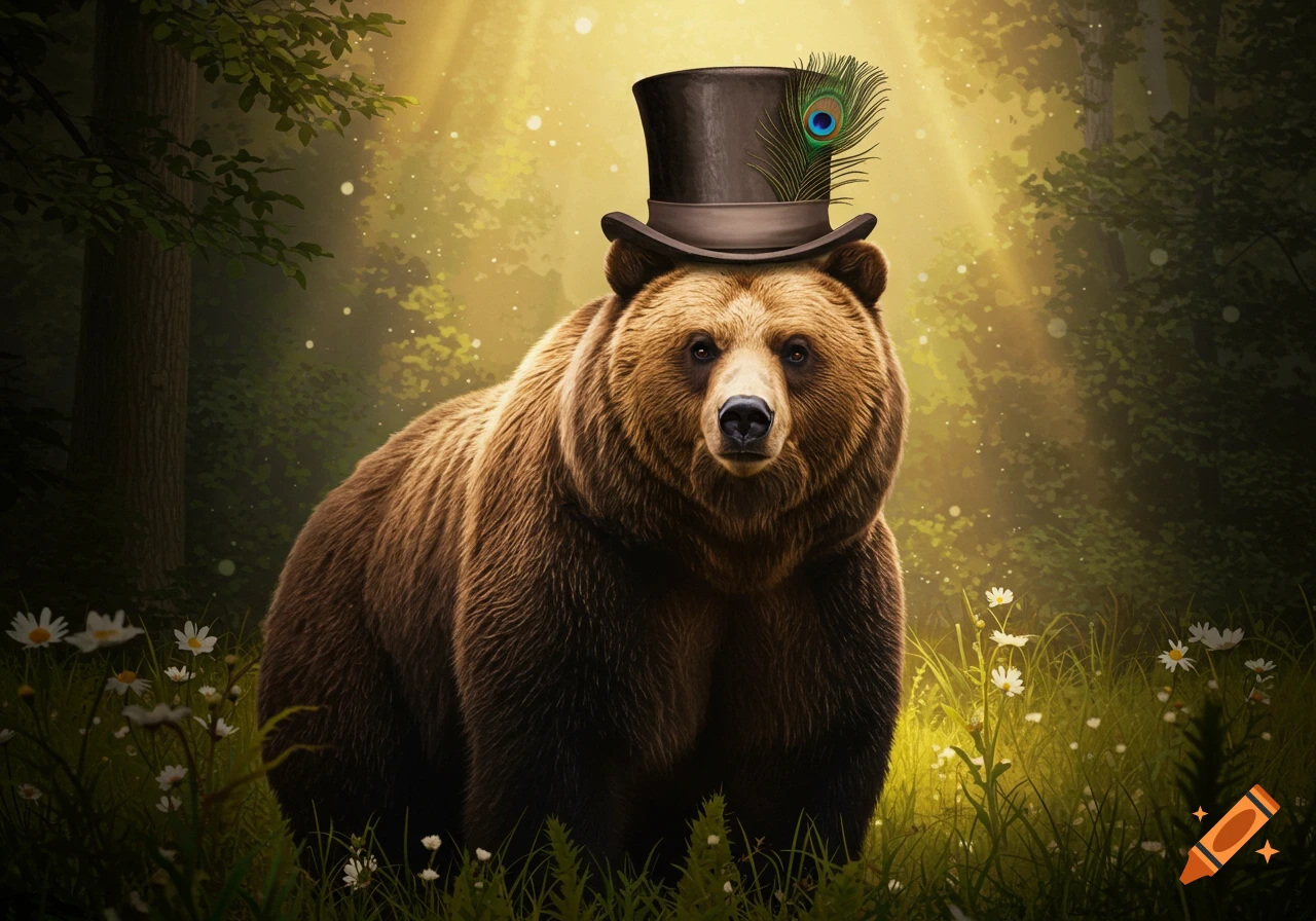A photorealistic brown bear wearing a black top hat with a peacock feather stands in a sunlit forest.