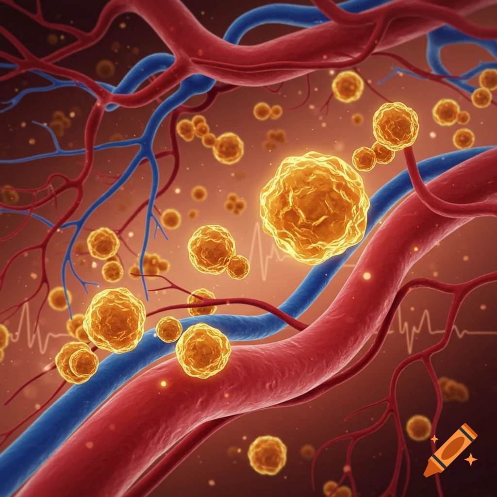 Close-up of human blood vessels with glowing glucose molecules circulating against a dark red background.