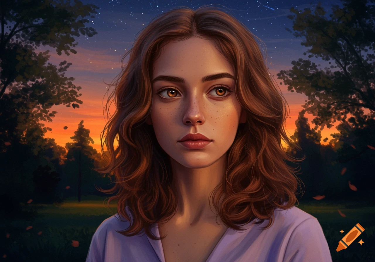 Digital art portrait of a young woman with brown hair and amber eyes, set against a stunning sunset and starry night sky.
