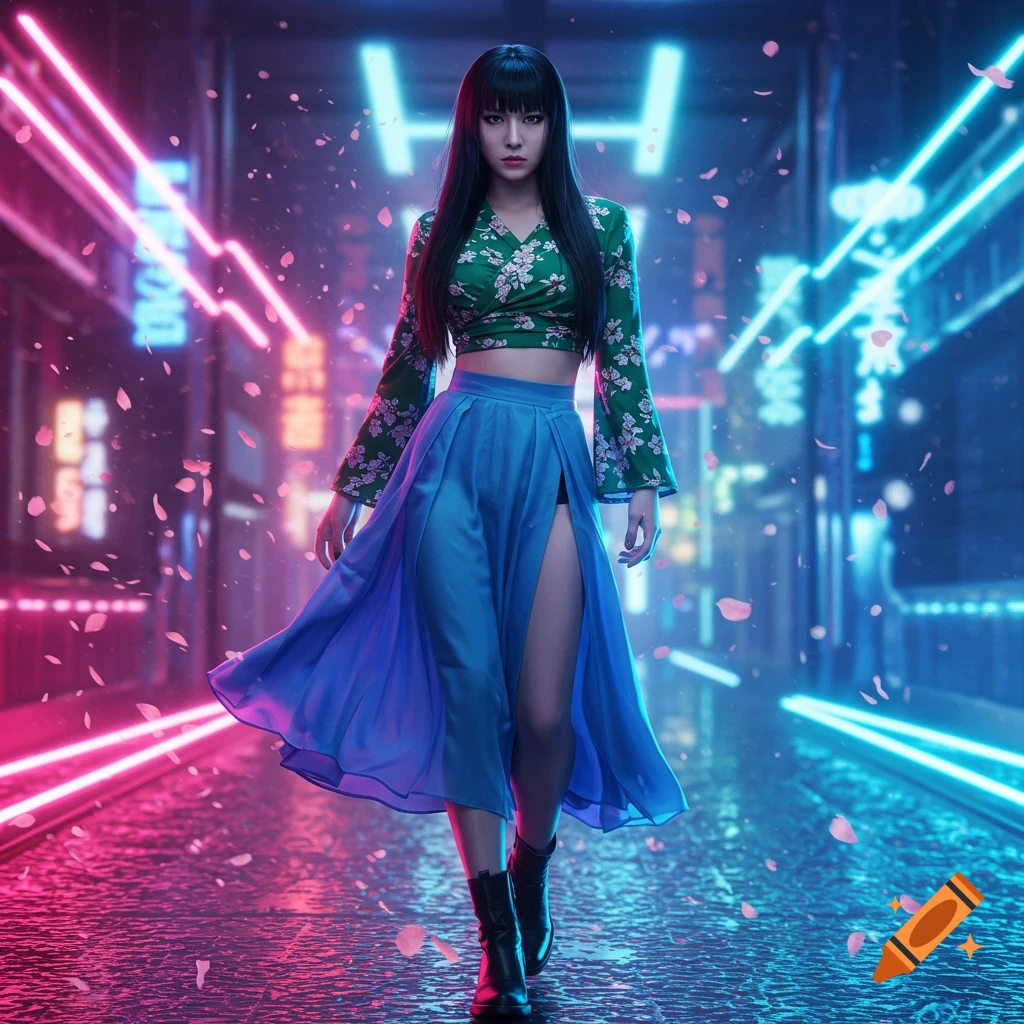 A woman with long black hair, wearing a green floral crop top and a blue skirt with a high slit, walks on a wet neon-lit street.
