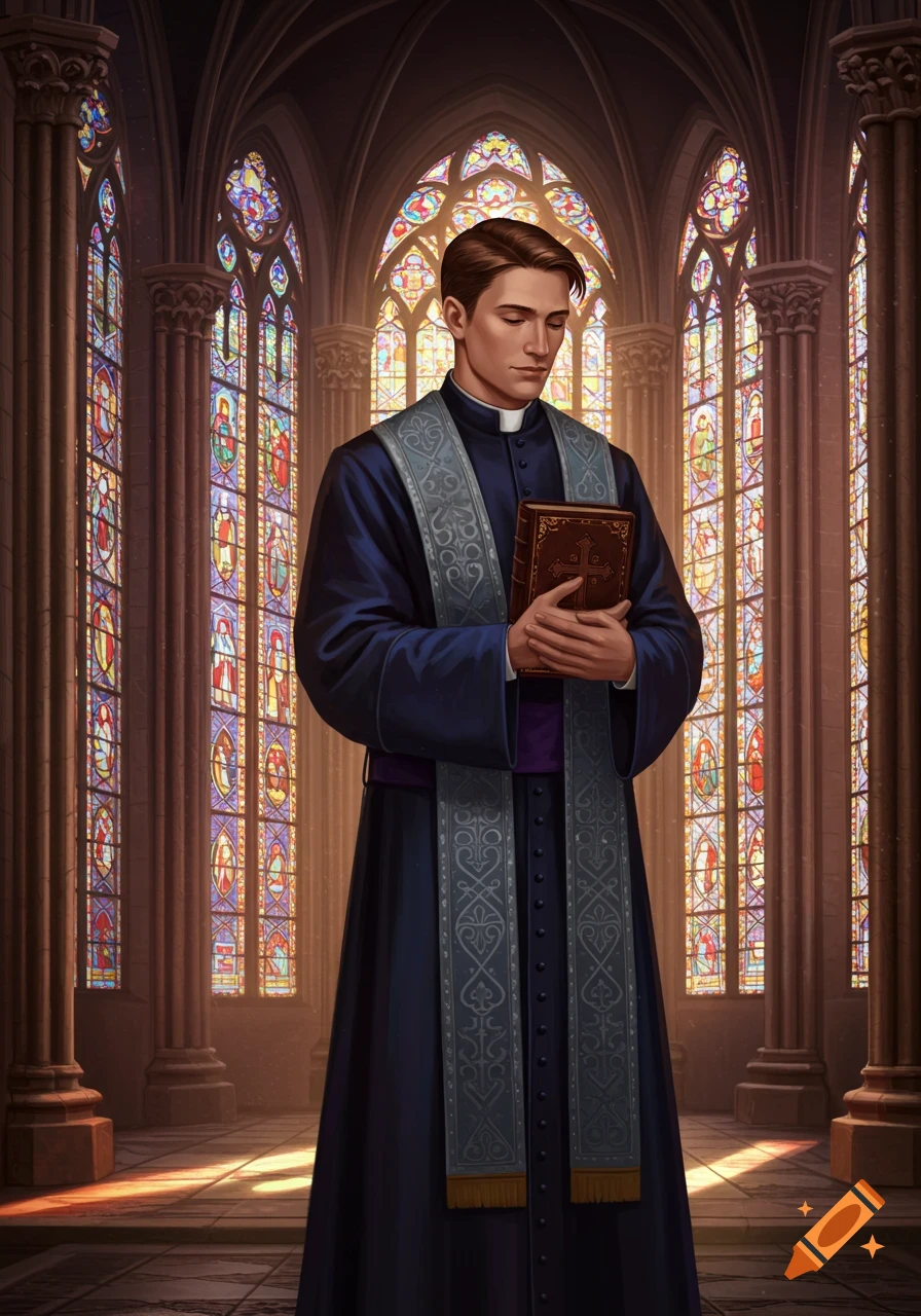 A priest with slicked-back brown hair stands in a gothic cathedral, holding a book, with light streaming through stained-glass windows.
