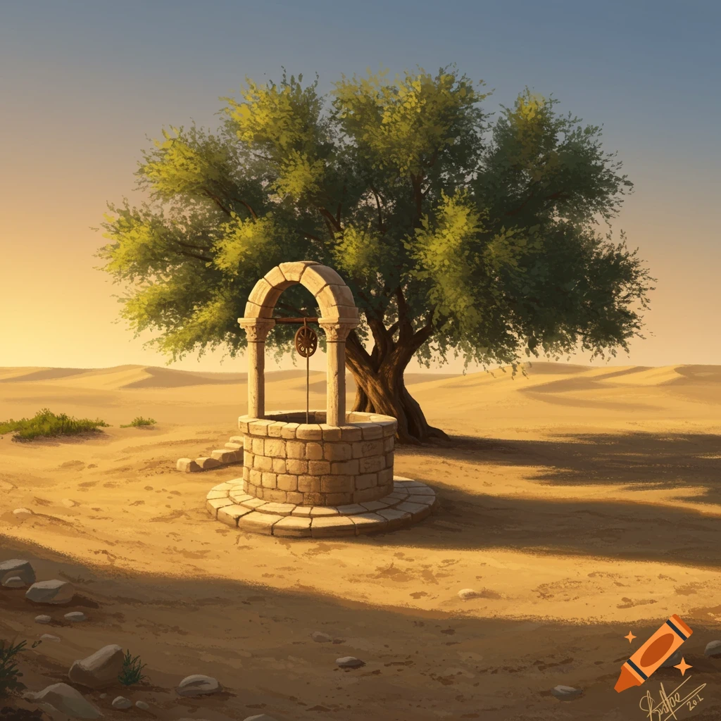 A stone well with an arched top and a bucket on a rope stands under a large green tree in a sandy desert at sunset.