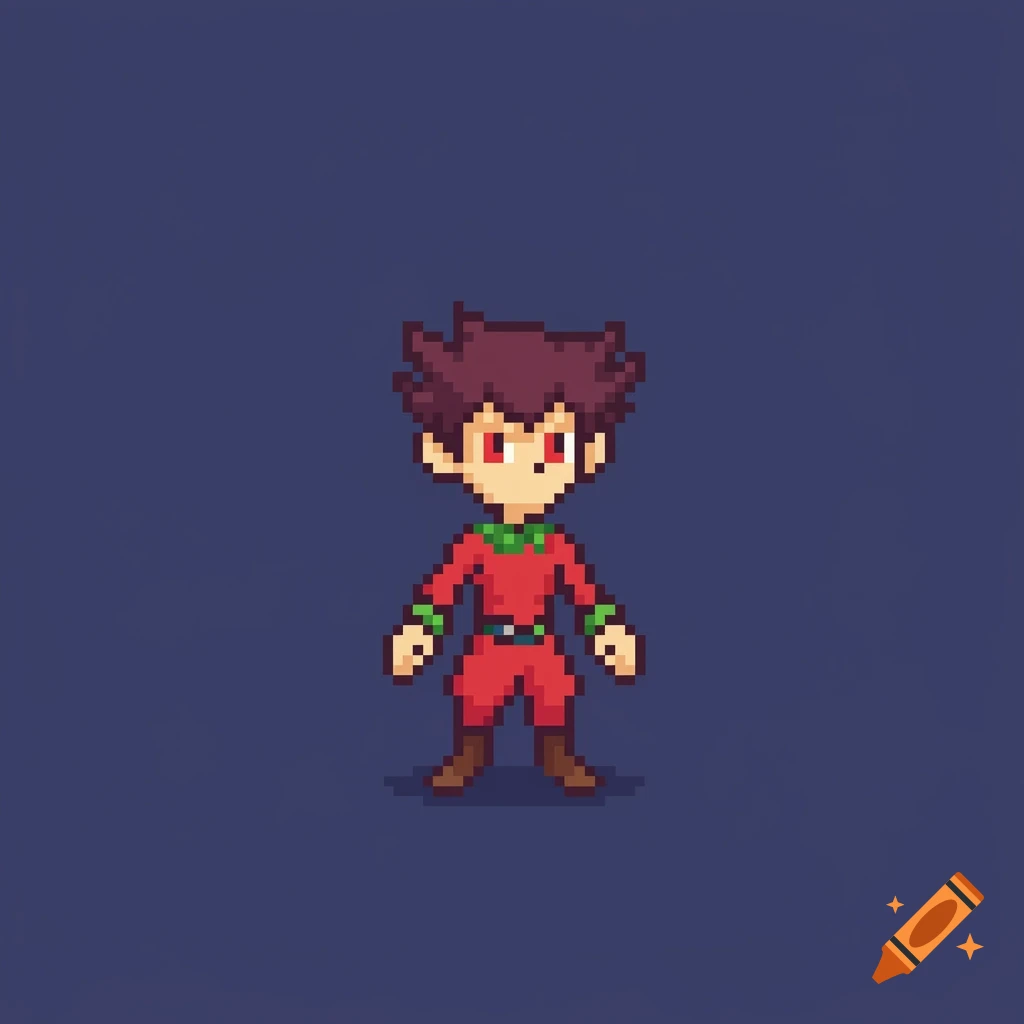 Pixel art of a stylized character in red clothing with spiky dark red hair, standing on a dark blue background.