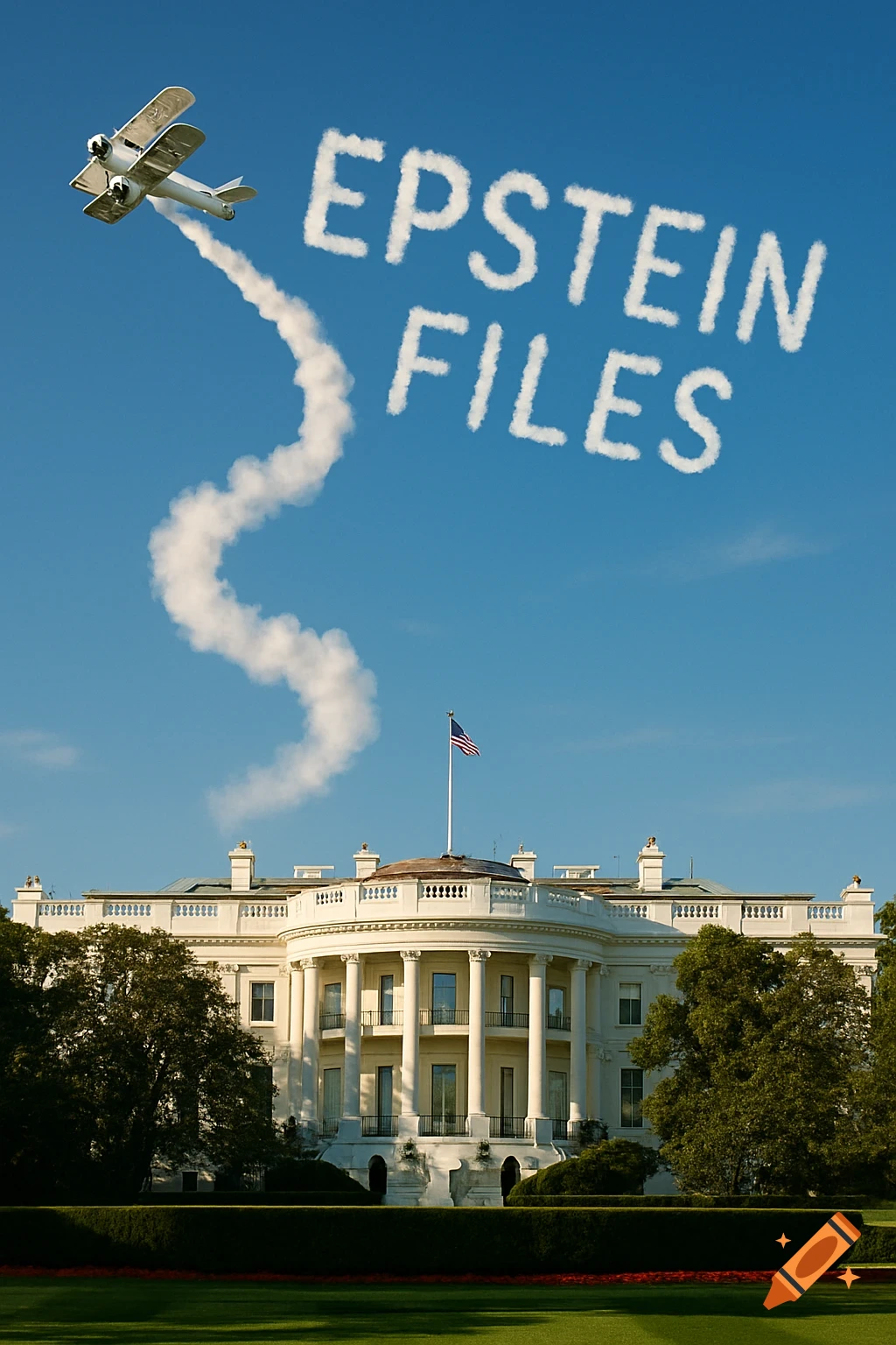 A small plane skywrites 'EPSTEIN FILES' above the White House on a clear day.