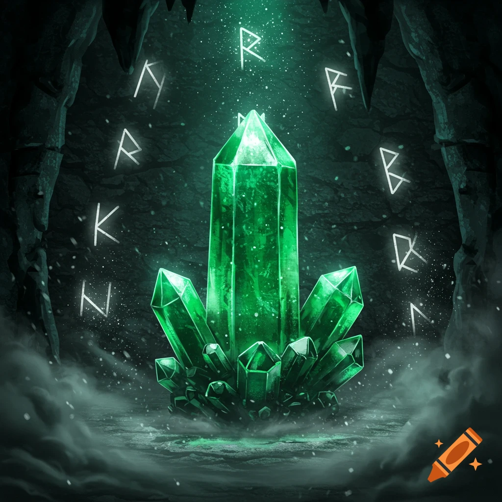 A glowing green crystal surrounded by smaller crystals in a dark cave, with glowing white runes floating around it.