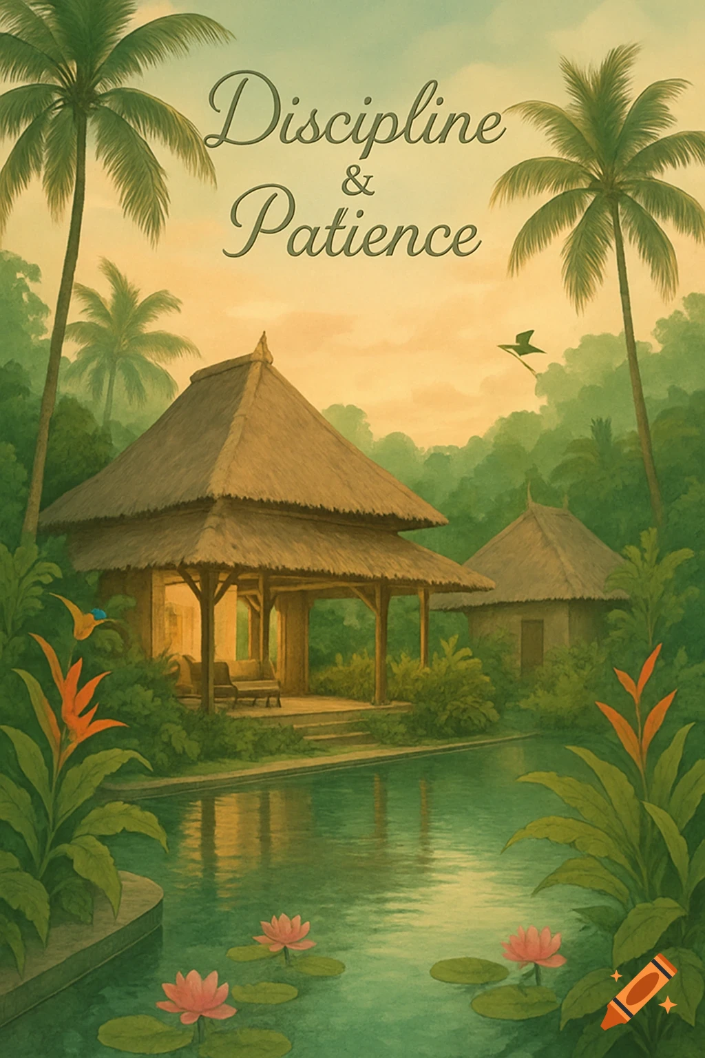 Painterly illustration of a Bali villa with palm trees, a pond, and water lilies, featuring the caption 'Discipline & Patience'.