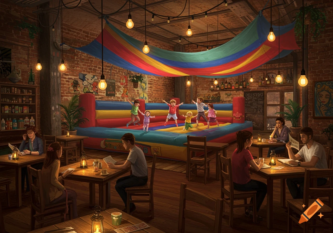 A vibrant cafe with a large, colorful bounce house where kids are playing, while adults sit at tables reading and drinking.