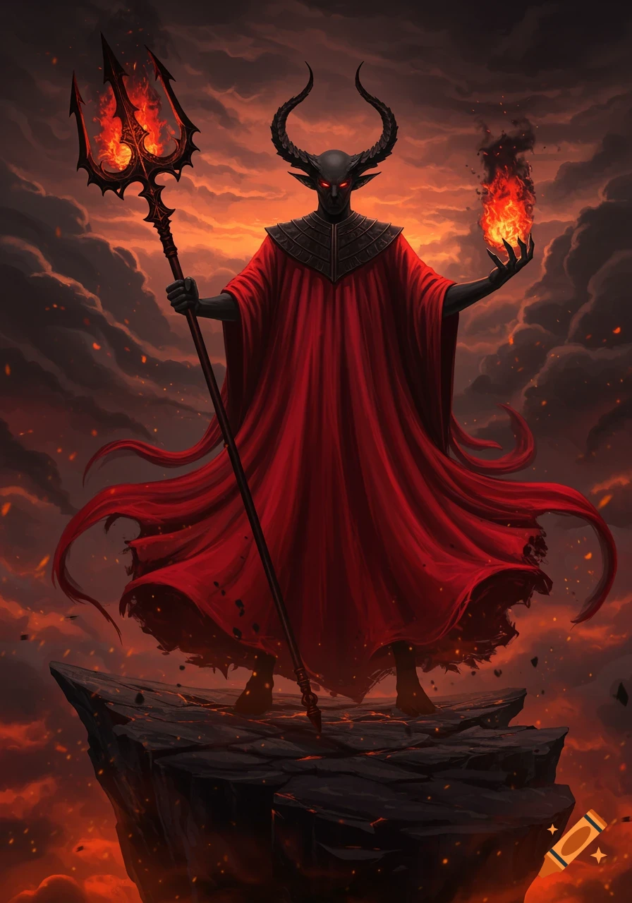 A towering black-skinned, horned humanoid in flowing red robes holds a flaming trident and a ball of fire against a fiery, stormy sky.