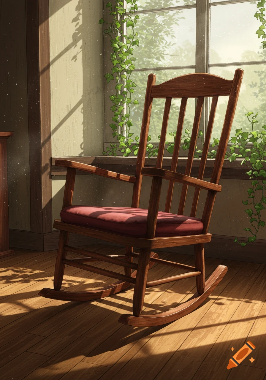 A wooden rocking chair with a red cushion sits on a sunlit wooden floor by a large window with ivy vines.