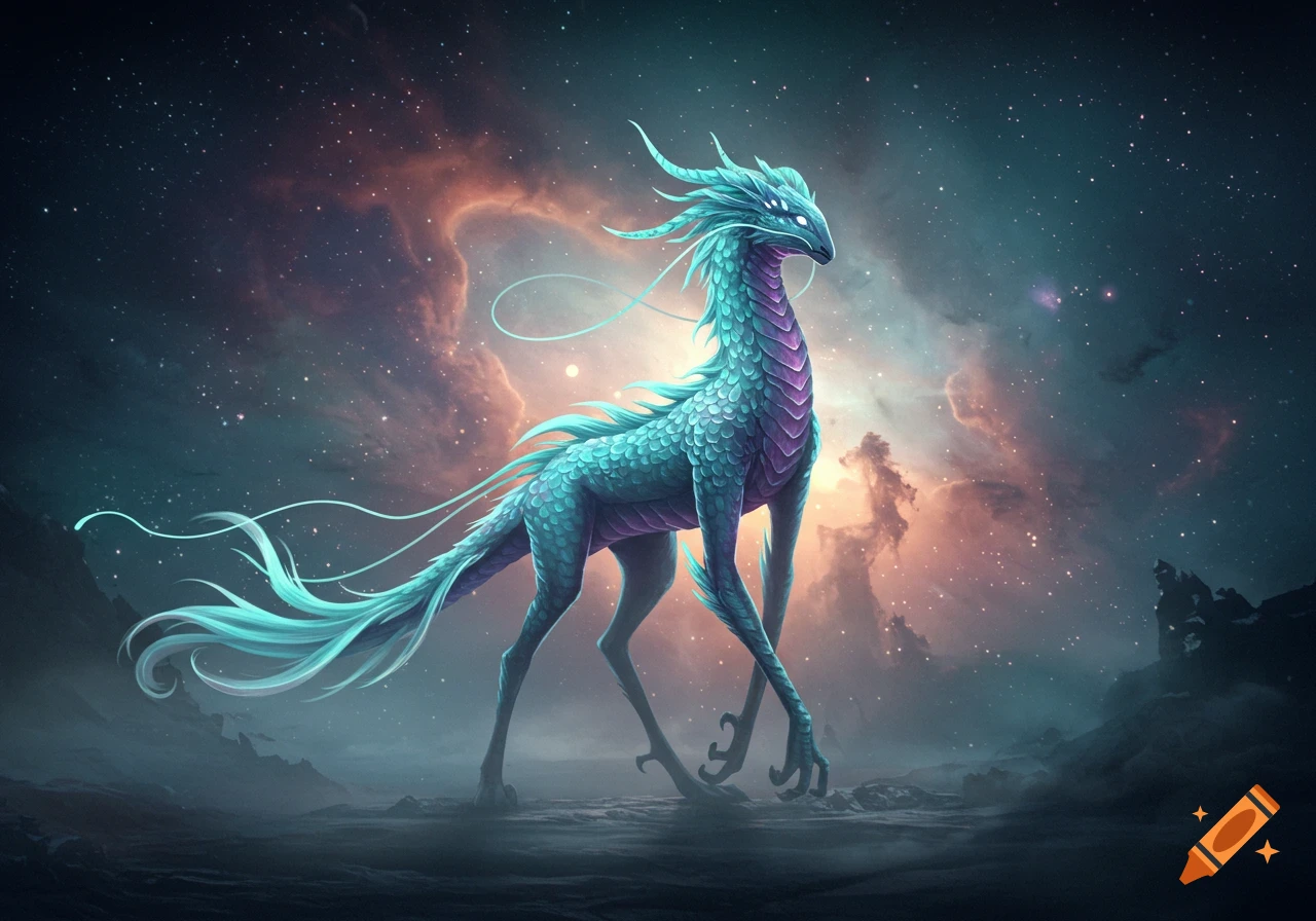 A teal and purple scaly fantasy creature with long tendrils on its head and tail walks in a starry cosmic landscape with a glowing nebula.