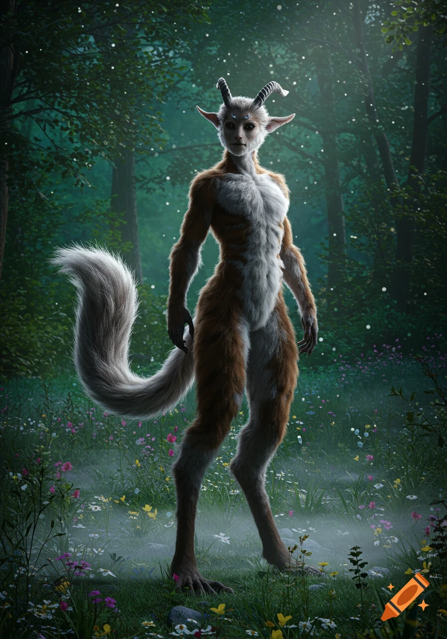 A photorealistic furry creature with horns and digigrade legs stands in a magical, misty forest with wildflowers.