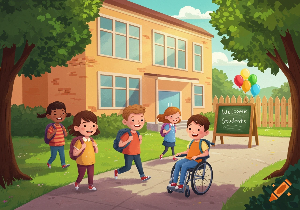 Cartoon illustration of diverse elementary school children, including one in a wheelchair, walking towards a school building with a 'Welcome Students' sign.
