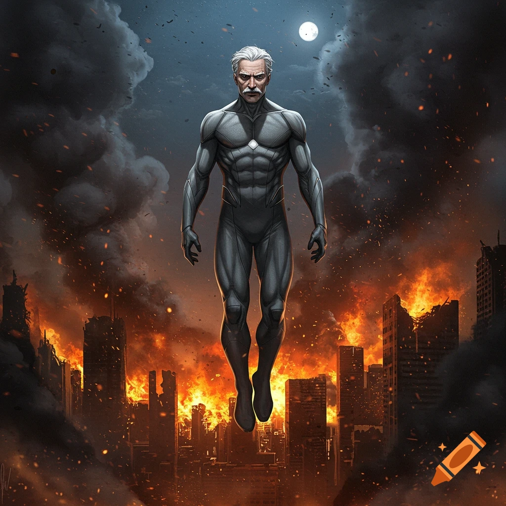 A powerful older man in a grey superhero suit floats in the night sky above a burning, apocalyptic city. Smoke billows from destroyed buildings, and moonlight shines overhead.