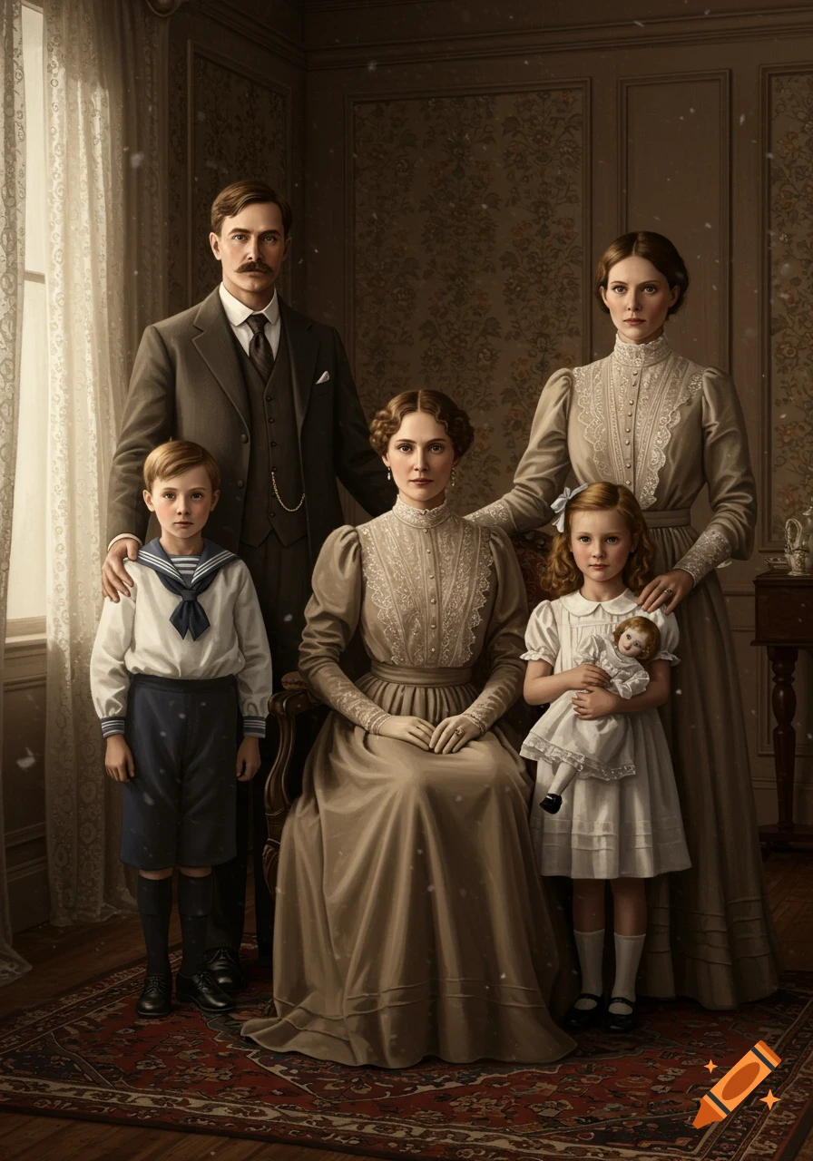 A formal family portrait from 1912, showing a man, two women, a boy in a sailor suit, and a girl holding a doll, all in period attire, standing and seated in a dimly lit, patterned room.