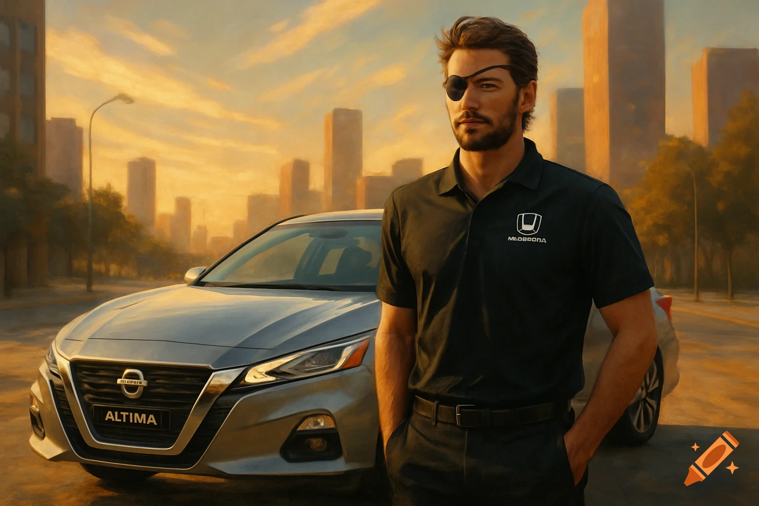 A man with an eyepatch and a black polo shirt stands next to a grey Nissan Altima car in an urban setting at sunset, depicted in a digital art style.