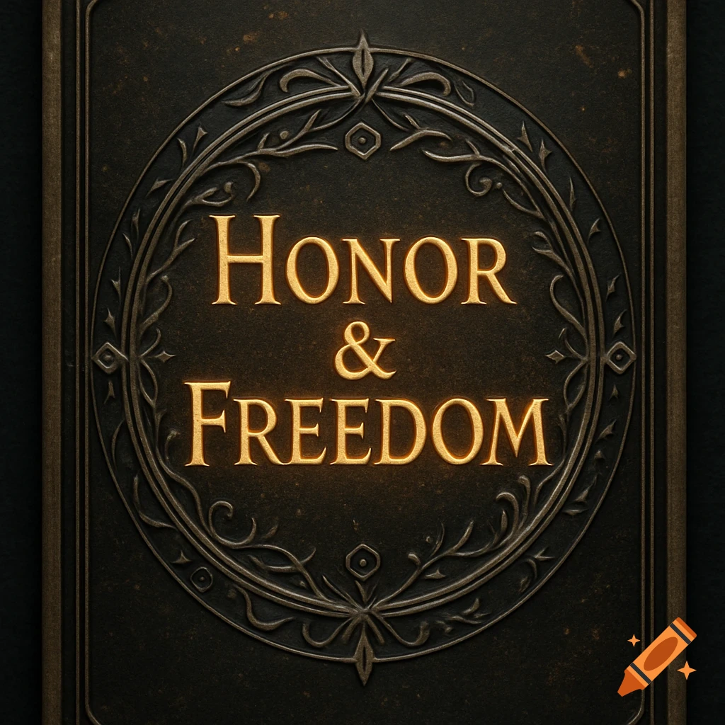 A dark, ornate fantasy card back design featuring the glowing gold words "Honor & Freedom" encircled by an intricate metallic border.