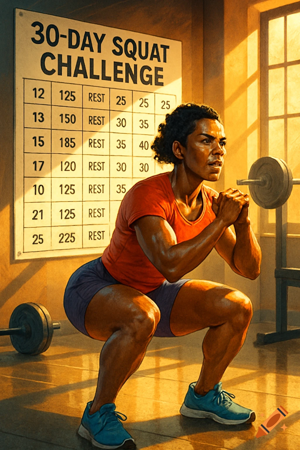 A person in athletic wear performs a squat in a sunlit gym, with a '30-DAY SQUAT CHALLENGE' chart on the wall behind them.