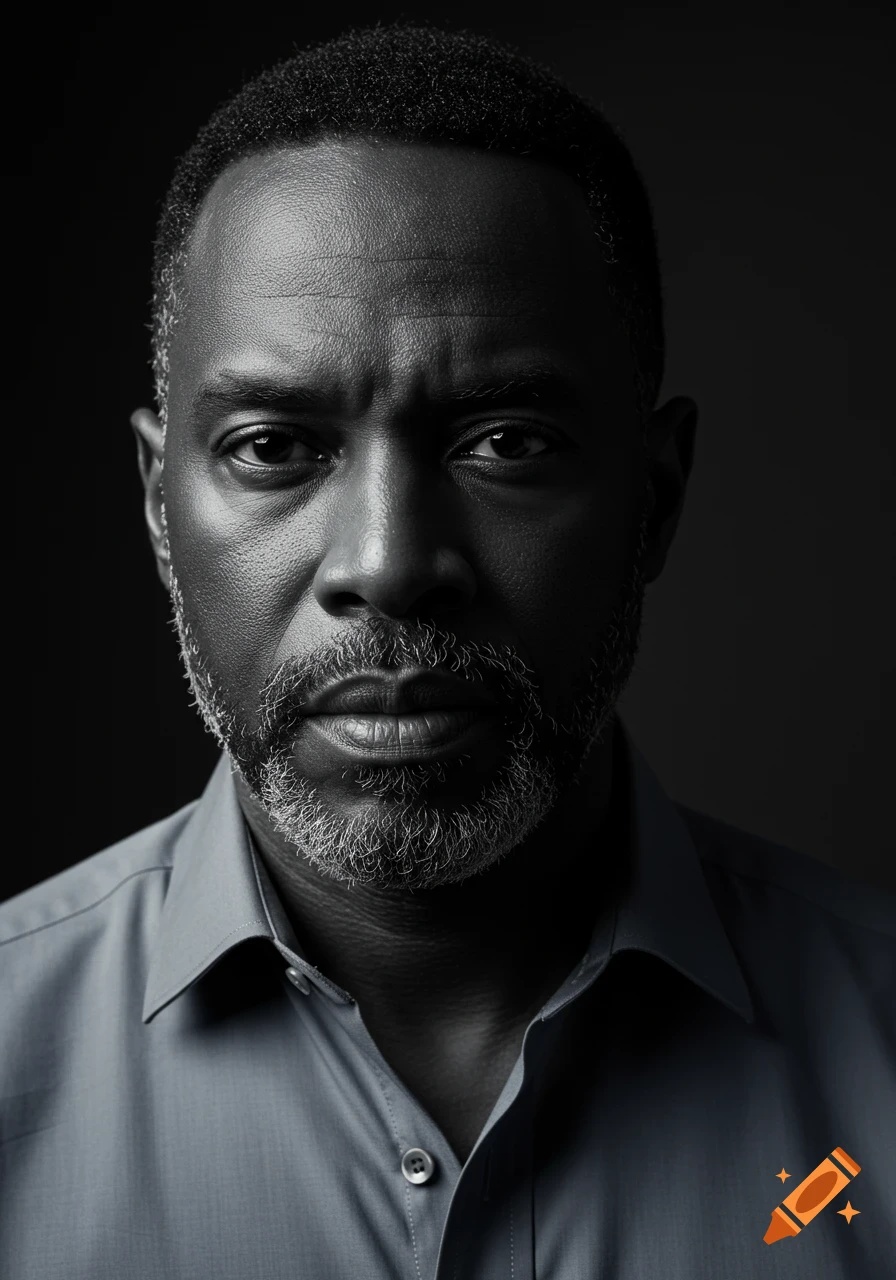 Black and white close-up portrait of a serious man with a salt and pepper beard and mustache, dramatic lighting.