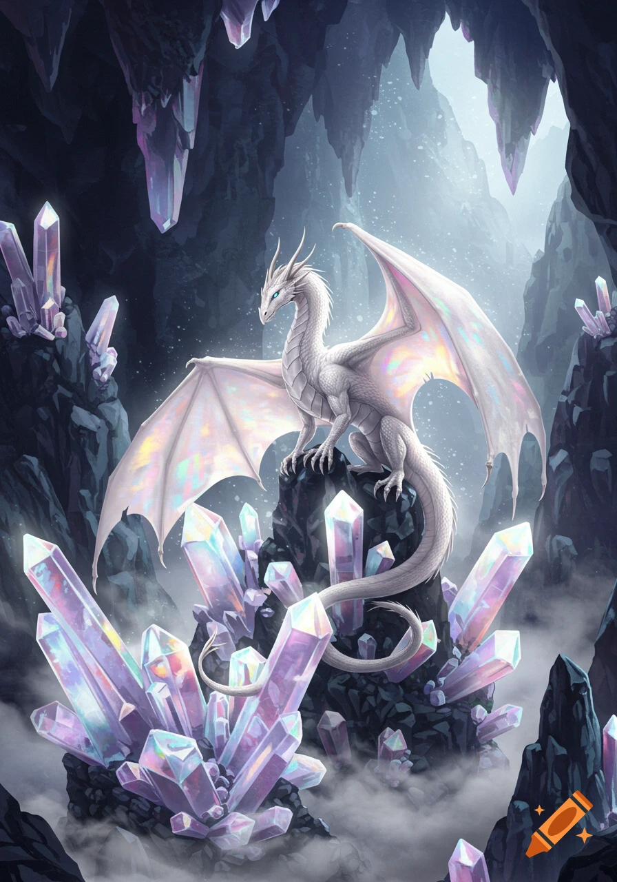 A majestic white dragon perches on a rock amidst a cluster of shimmering, colorful crystals in a dark cave.