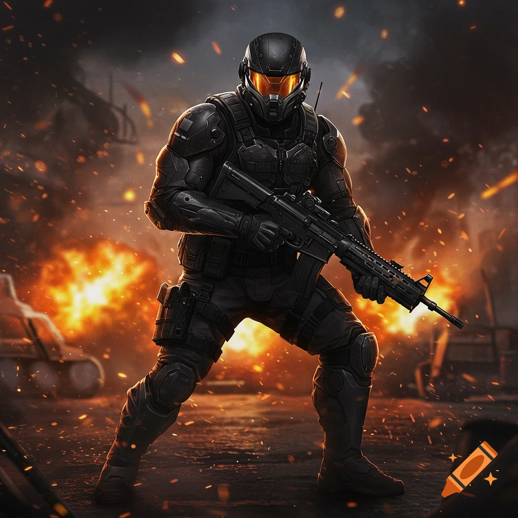 A futuristic soldier in black combat gear holds a rifle amidst explosions and debris in a dark, gritty setting.