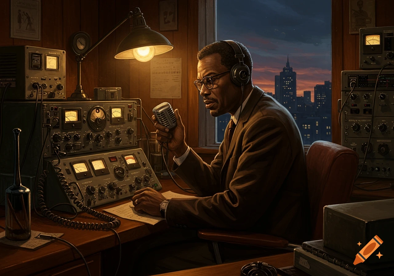 A man wearing headphones operates a vintage radio in a dimly lit room, with a city skyline visible outside the window at dusk.