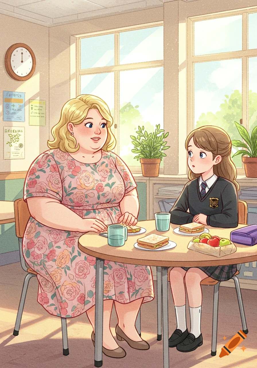 A drawing style image of a blonde teacher in a floral dress having lunch with a middle school student in a classroom.