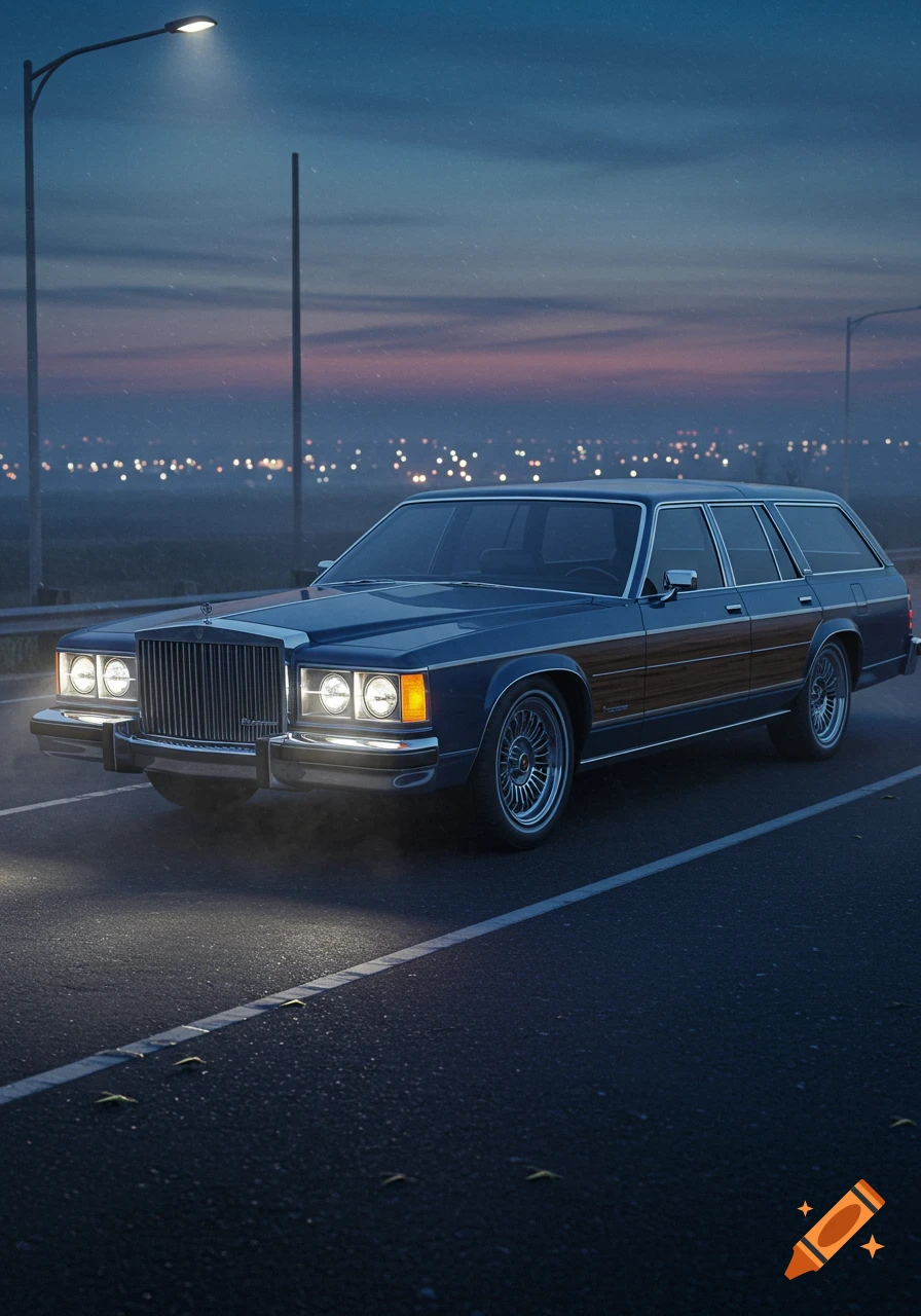 A blue station wagon with wood paneling parked on a highway at dusk, with city lights in the background.