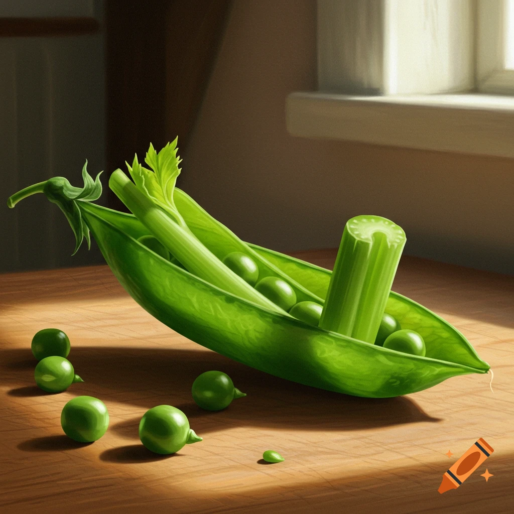 A photorealistic still life featuring a celery stalk placed inside a large, open pea pod, surrounded by scattered peas on a wooden surface.