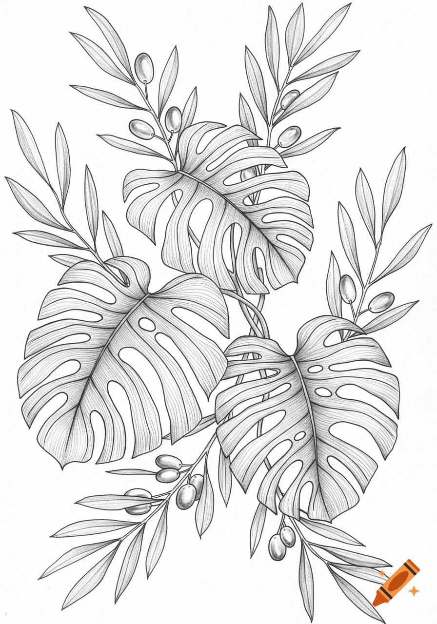 Line art drawing of monstera leaves and olive branches with olives.