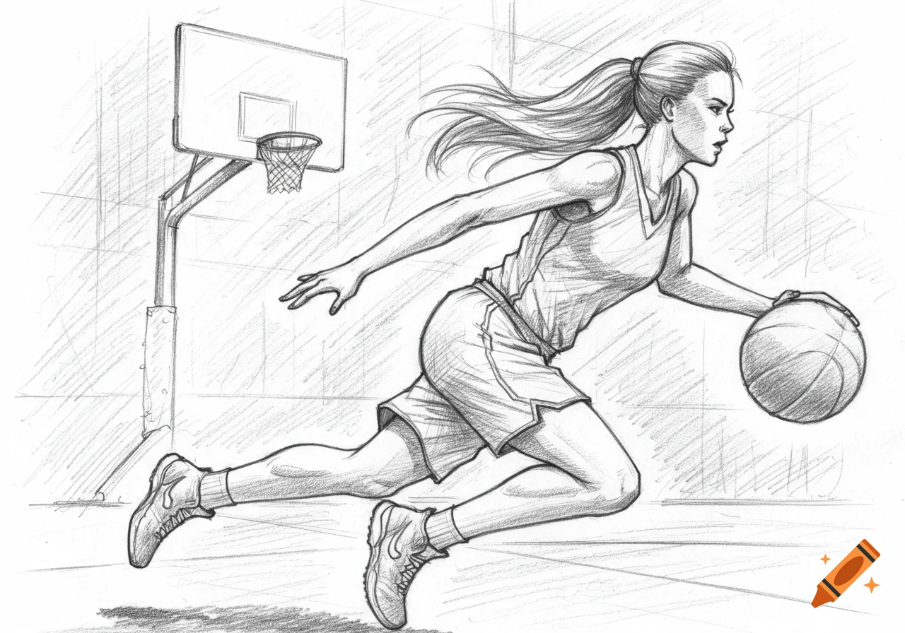 A dynamic pencil sketch of a female basketball player dribbling the ball on a court.