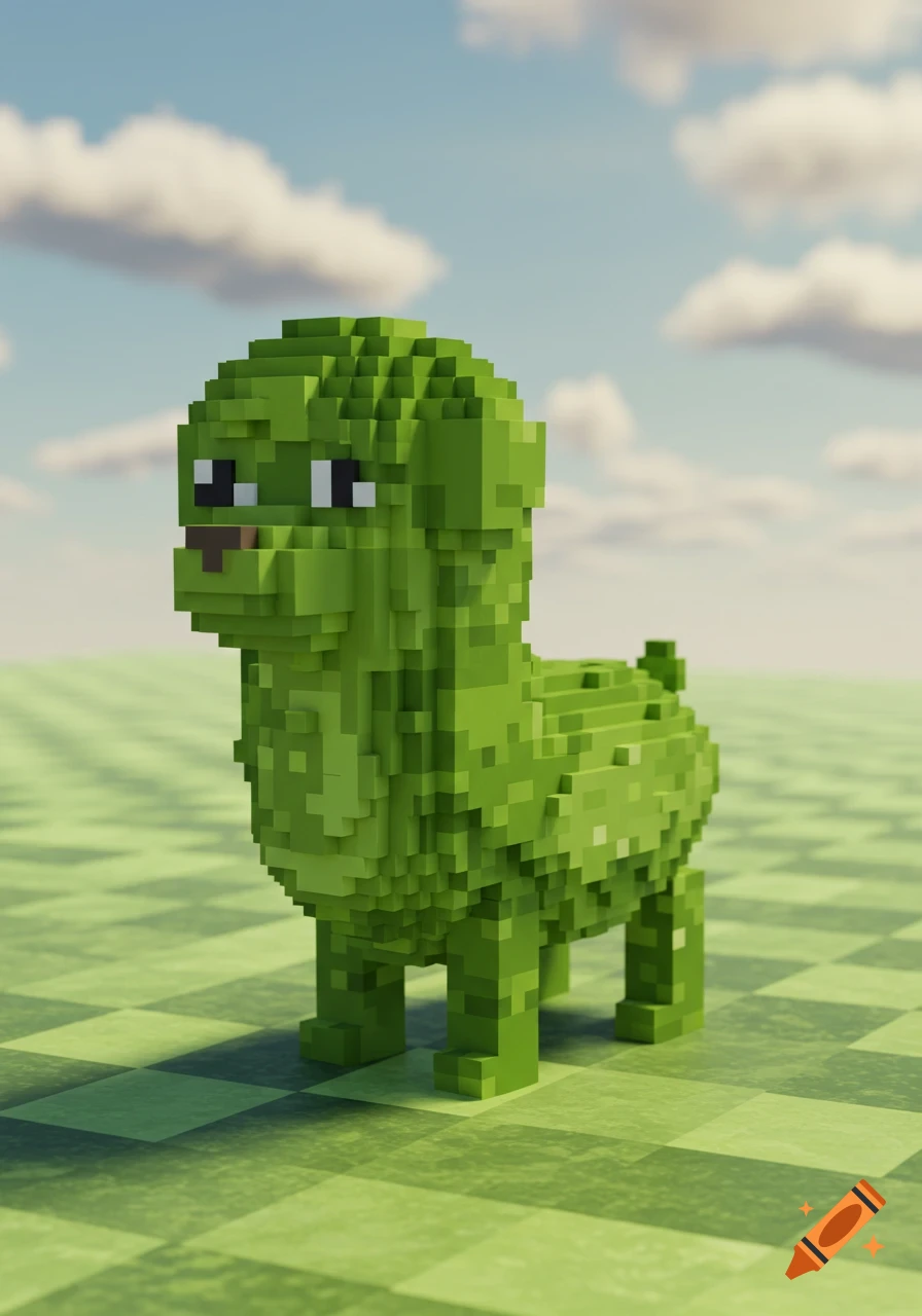 A green voxel dog-pickle hybrid stands on a checkered green landscape under a blue sky with clouds.