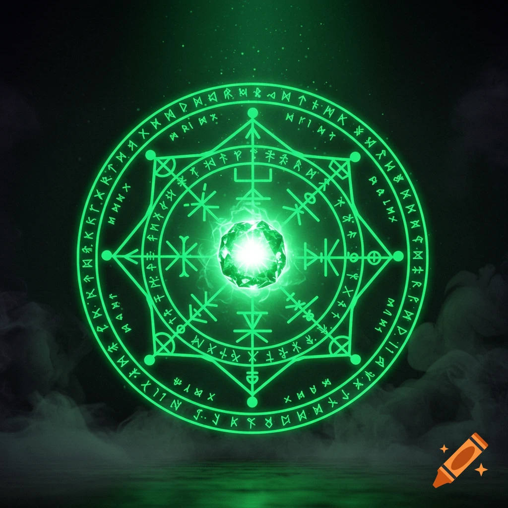 A glowing green magic circle with intricate symbols and a bright gemstone at its center, against a dark, smoky background.