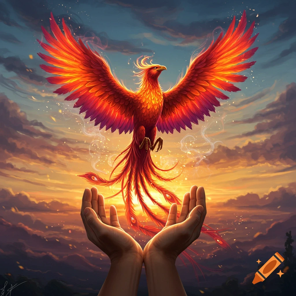 Vibrant fantasy art of a fiery phoenix with outstretched wings rising from cupped hands against a dramatic sunset sky.