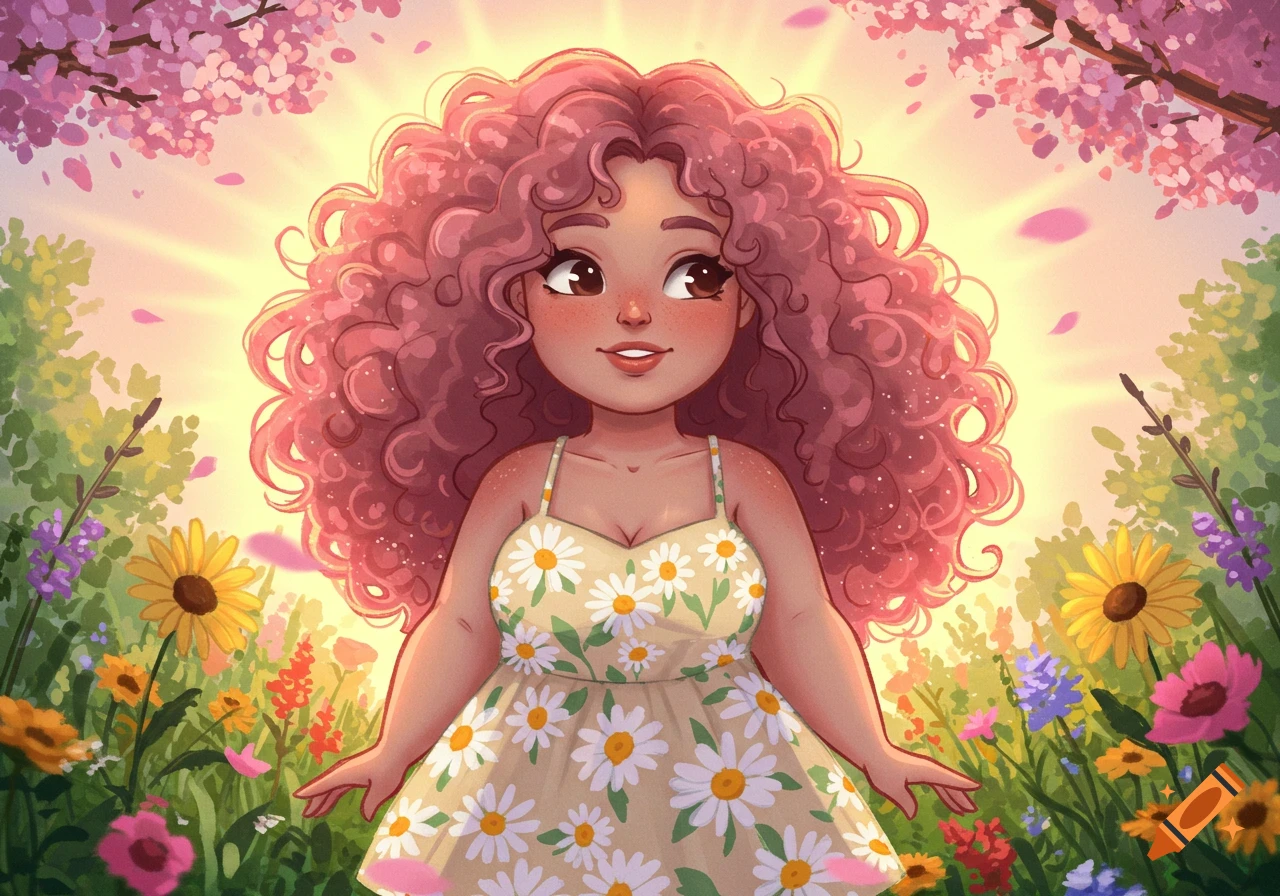 A cartoon woman with pink curly hair and a daisy dress stands smiling in a sunny flower field with cherry blossoms.