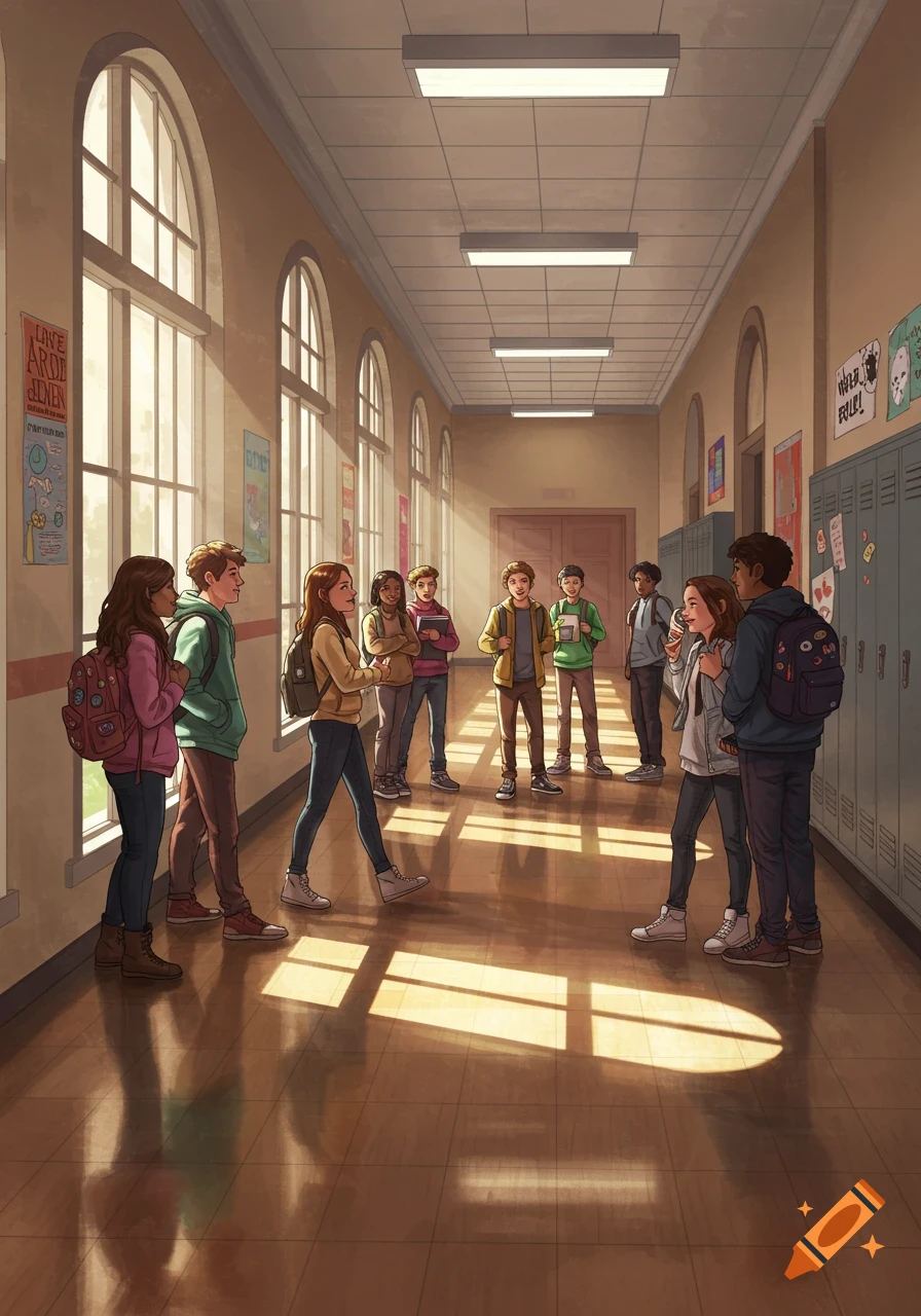 Illustration of students talking in a sunlit school hallway with lockers and arched windows.