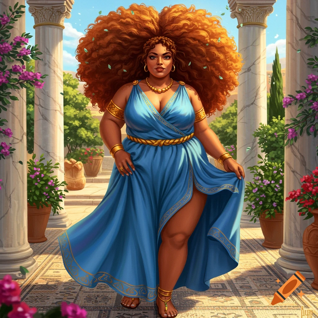 A full body illustration of a stocky woman with voluminous curly red hair, dressed in a flowing blue ancient Greek-style gown with gold accents, walking on a tiled patio surrounded by columns and plants under a blue sky.