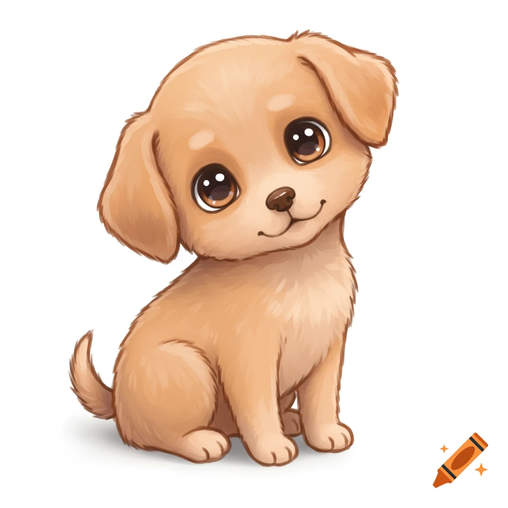 A cute light brown puppy sitting with its head tilted, rendered in a soft digital watercolor illustration style on a white background.