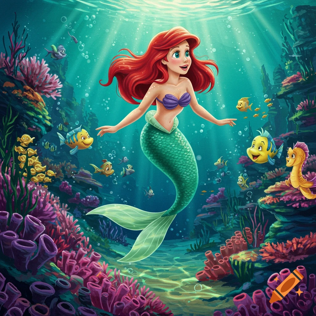 Ariel the Little Mermaid floats gracefully in a vibrant underwater coral reef, surrounded by colorful fish and sunlit water.