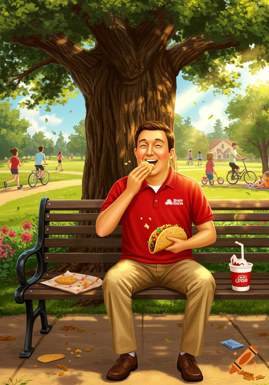 A smiling man in a red polo shirt and khaki pants sits on a park bench, happily eating a taco, with another taco in his other hand. Crumbs are on his shirt and the bench. A red cup with a straw sits next to him. In the background, people walk and cycle in a sunny park with a large tree.