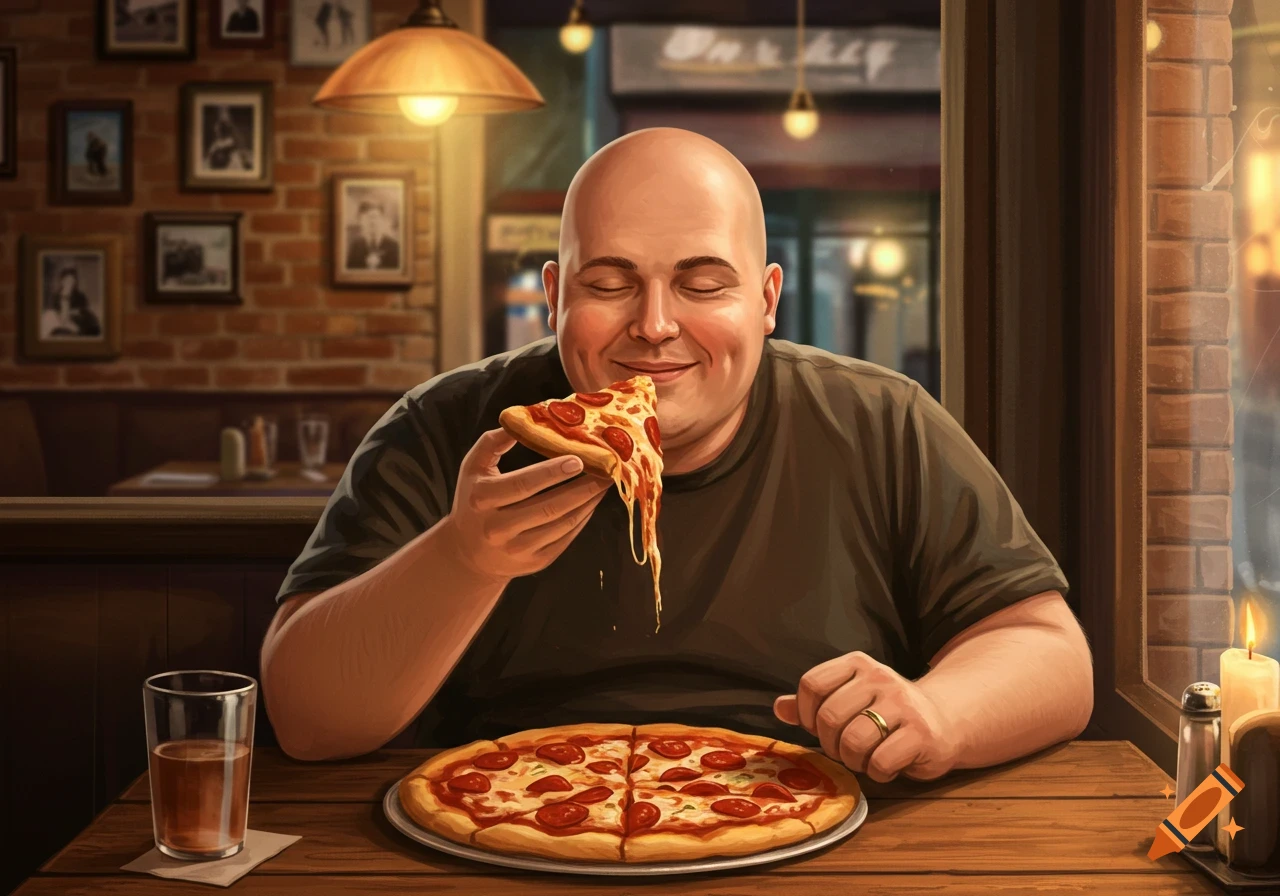 A bald man happily eats a slice of pepperoni pizza, with cheese dripping, while sitting at a table with a full pizza and a drink in a warm, dimly lit restaurant.