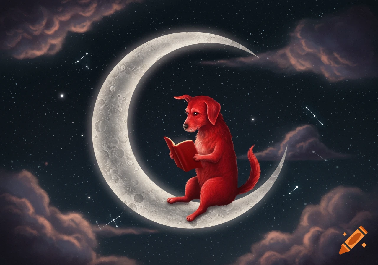 A red dog sits on a crescent moon, holding and reading a glowing red book, against a dark starry night sky with clouds.