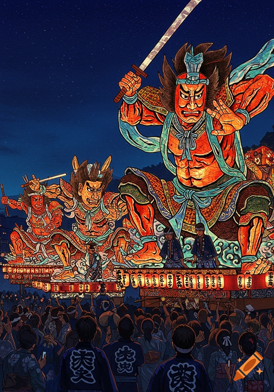 A vibrant painting of a nighttime Japanese Nebuta festival parade, featuring large, illuminated floats with fierce warrior figures and a crowd watching from below.