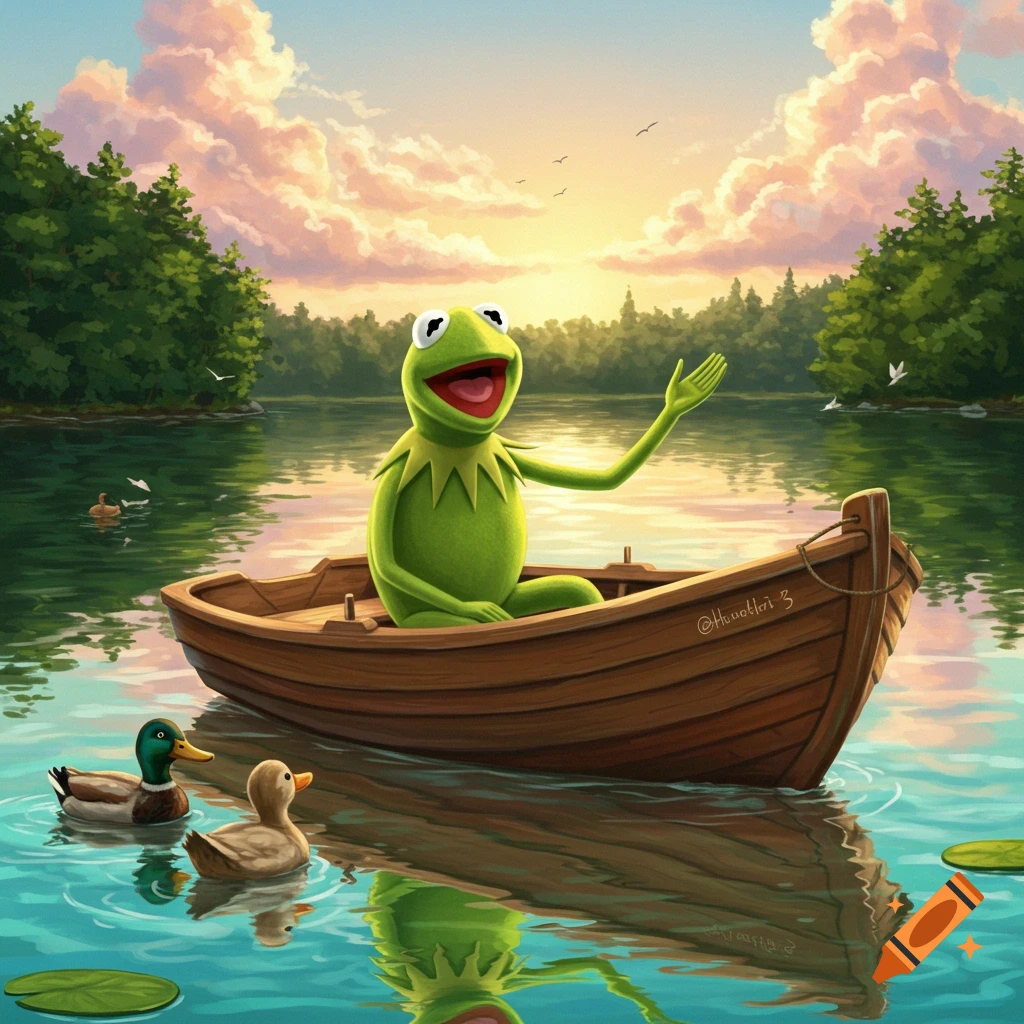 Kermit the Frog sits in a wooden boat on a lake with ducks at sunset, waving.