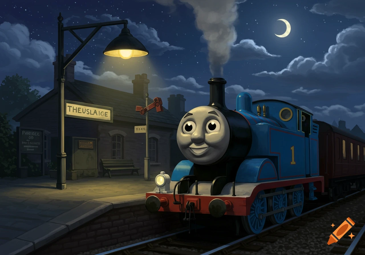 Thomas the Tank Engine smiling at a train station at night under a crescent moon.