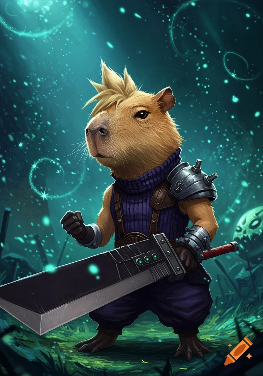 A capybara dressed as Cloud Strife from Final Fantasy VII, wearing armor and holding a buster sword, stands in a magical forest.
