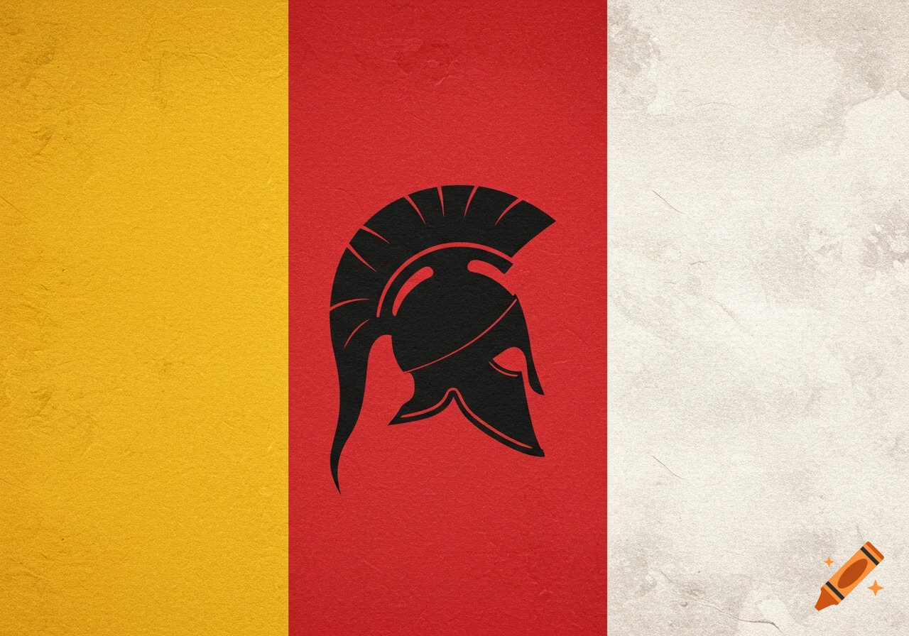 A stylized flag with vertical gold, red, and white stripes, featuring a black Trojan helmet silhouette on the red stripe.