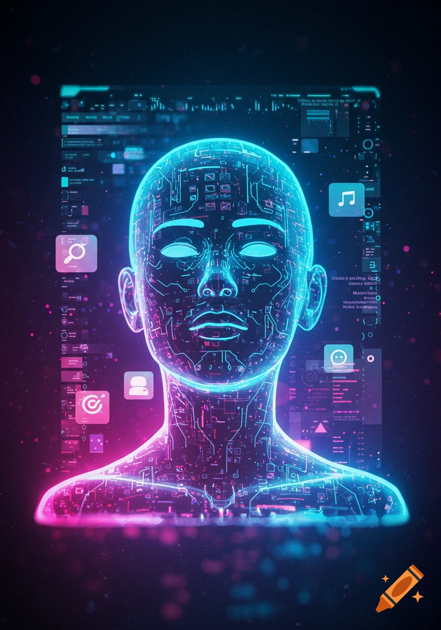 A glowing, neon blue and pink futuristic human bust made of circuitry, surrounded by digital interface elements and data streams on a dark background.