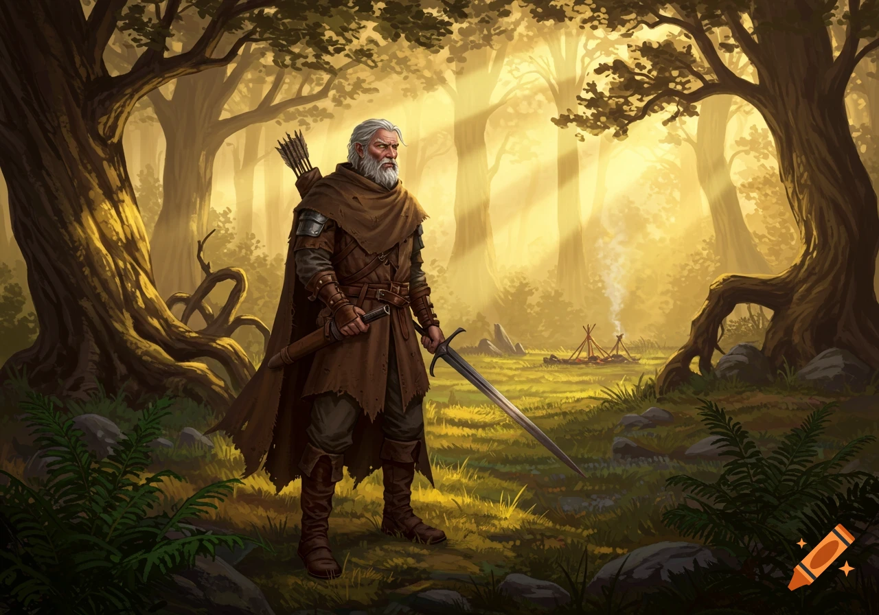 An old bearded ranger with a sword stands in a sunlit forest near a small camp, digital painting style.