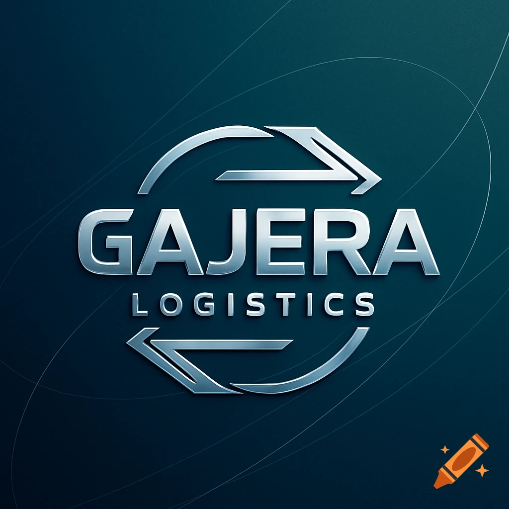 A silver metallic logo for 'GAJERA LOGISTICS' featuring two curved arrows forming a circular shape, set against a dark teal background.